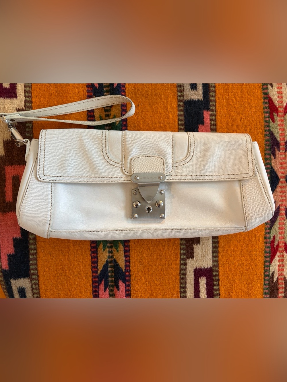Antonio Melani Cream Leather Wristlet Clutch with Metal Turn-Lock